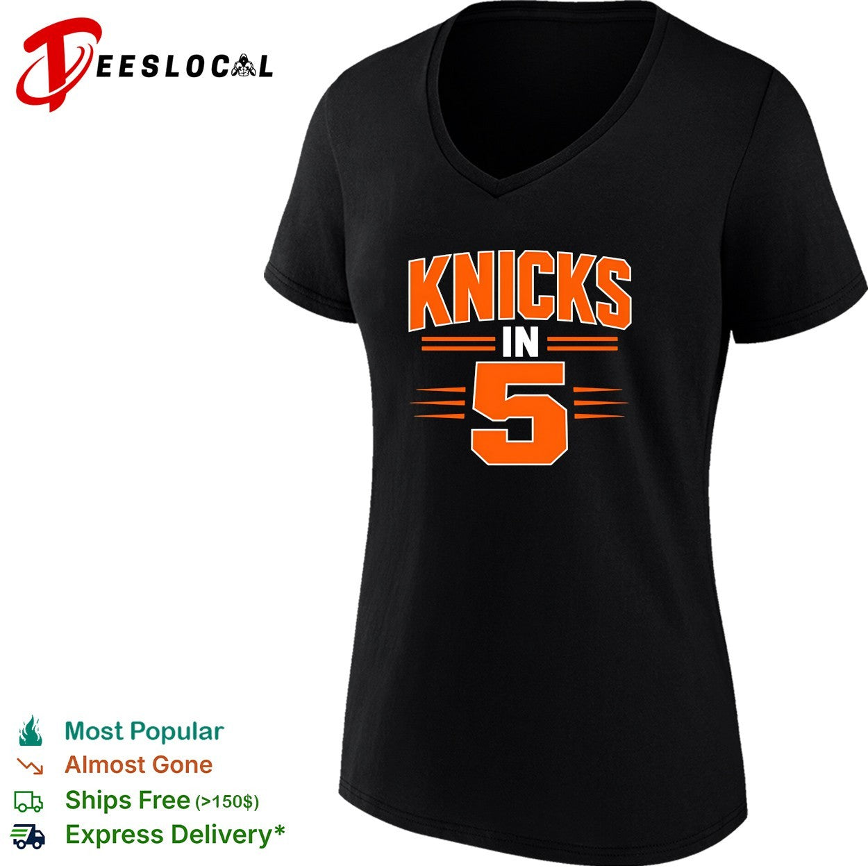 New York Knicks in 5 bold orange typography dark shirt