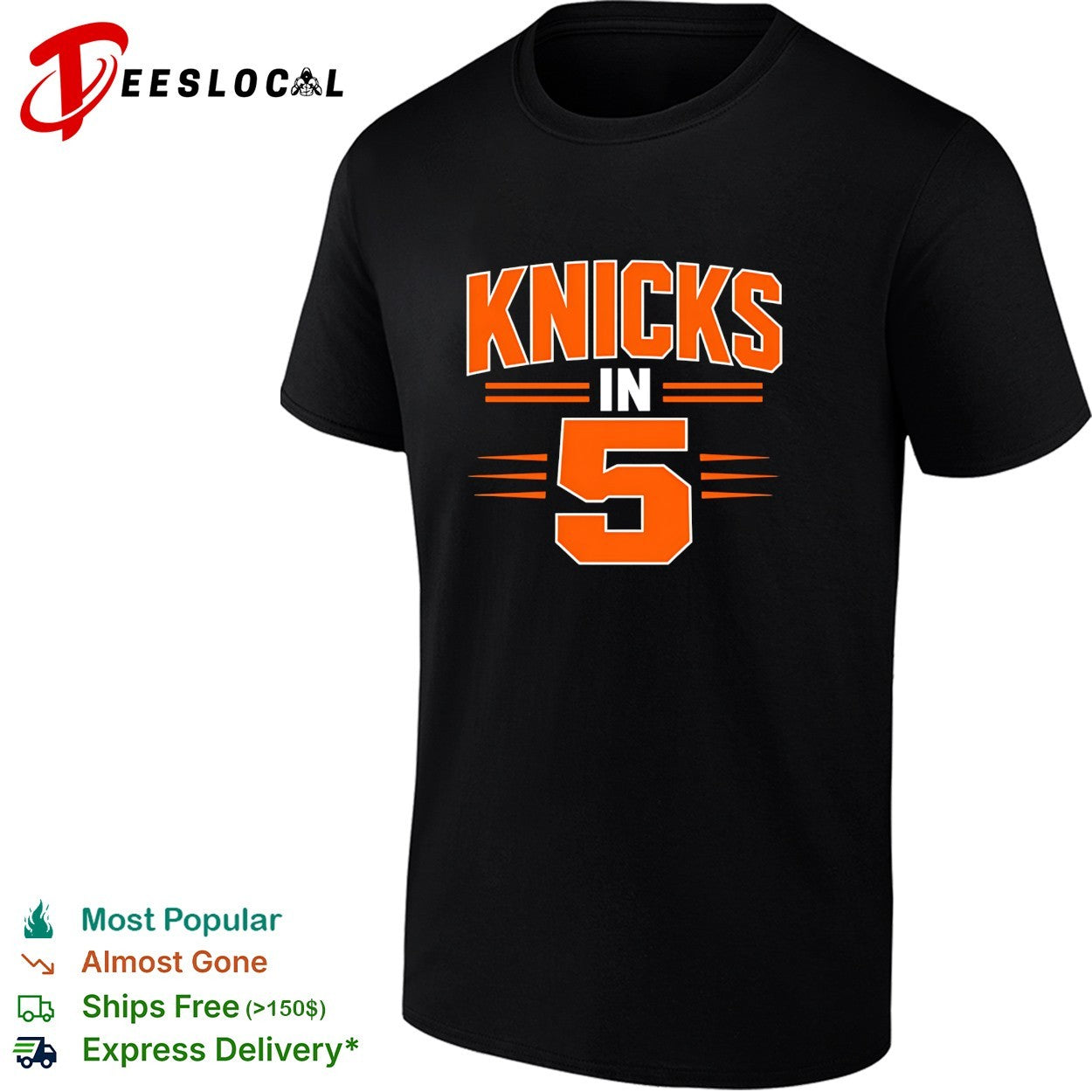 New York Knicks in 5 bold orange typography dark shirt