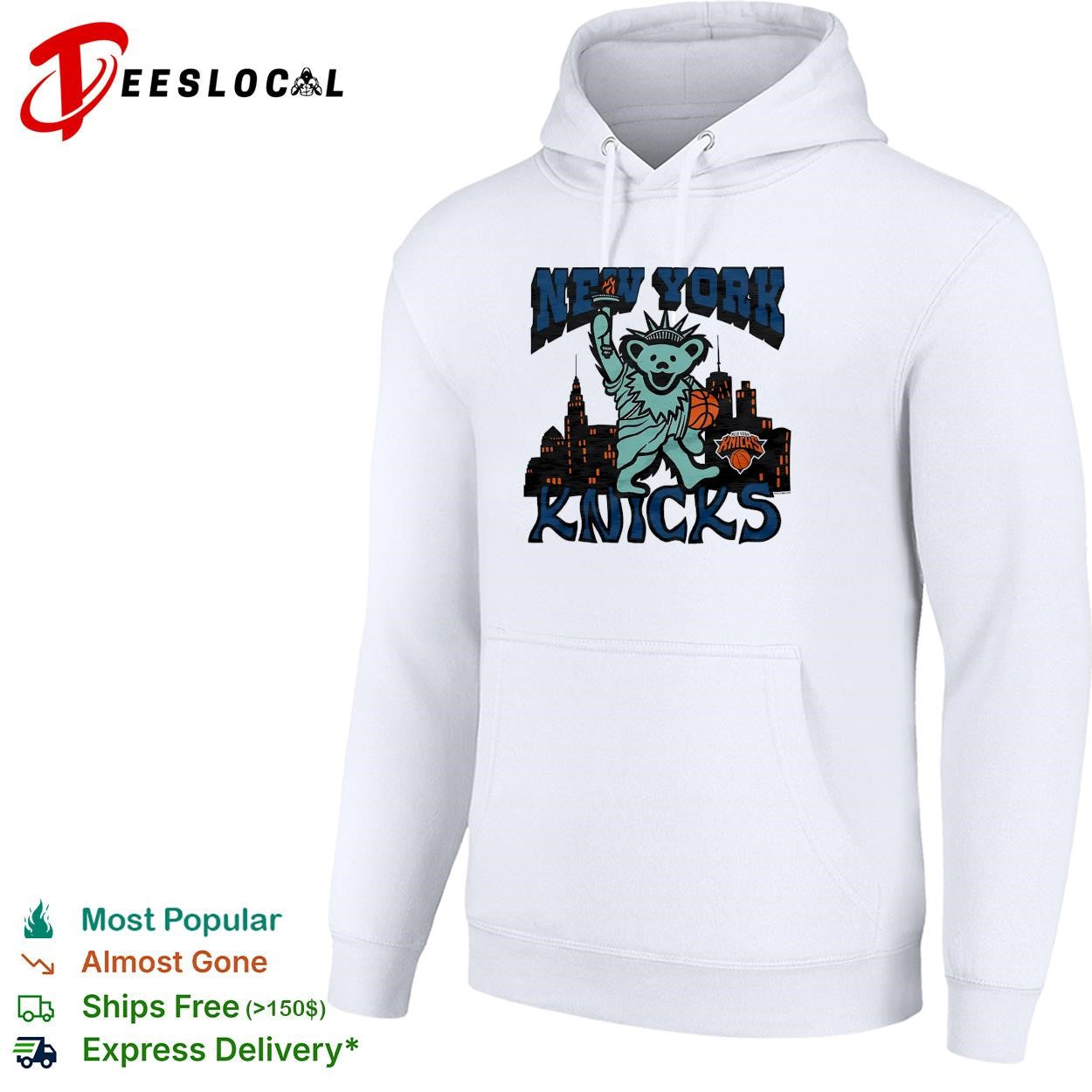 New York Knicks x Grateful Dead dancing bear Statue of Liberty NBA graphic shirt