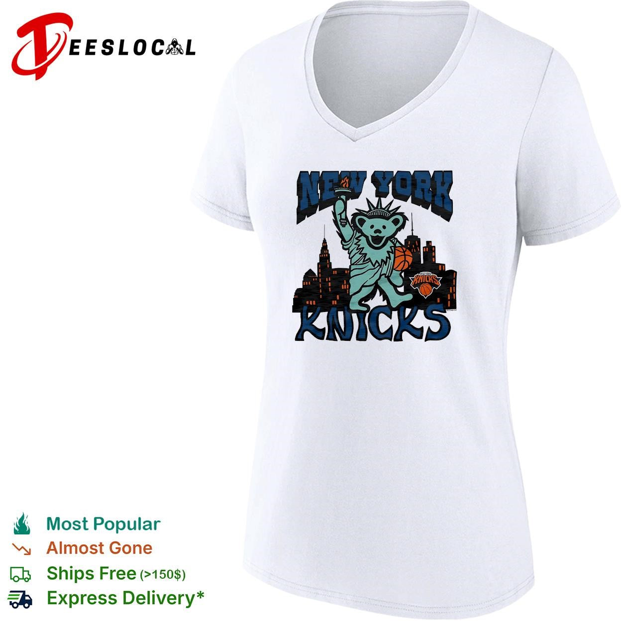 New York Knicks x Grateful Dead dancing bear Statue of Liberty NBA graphic shirt