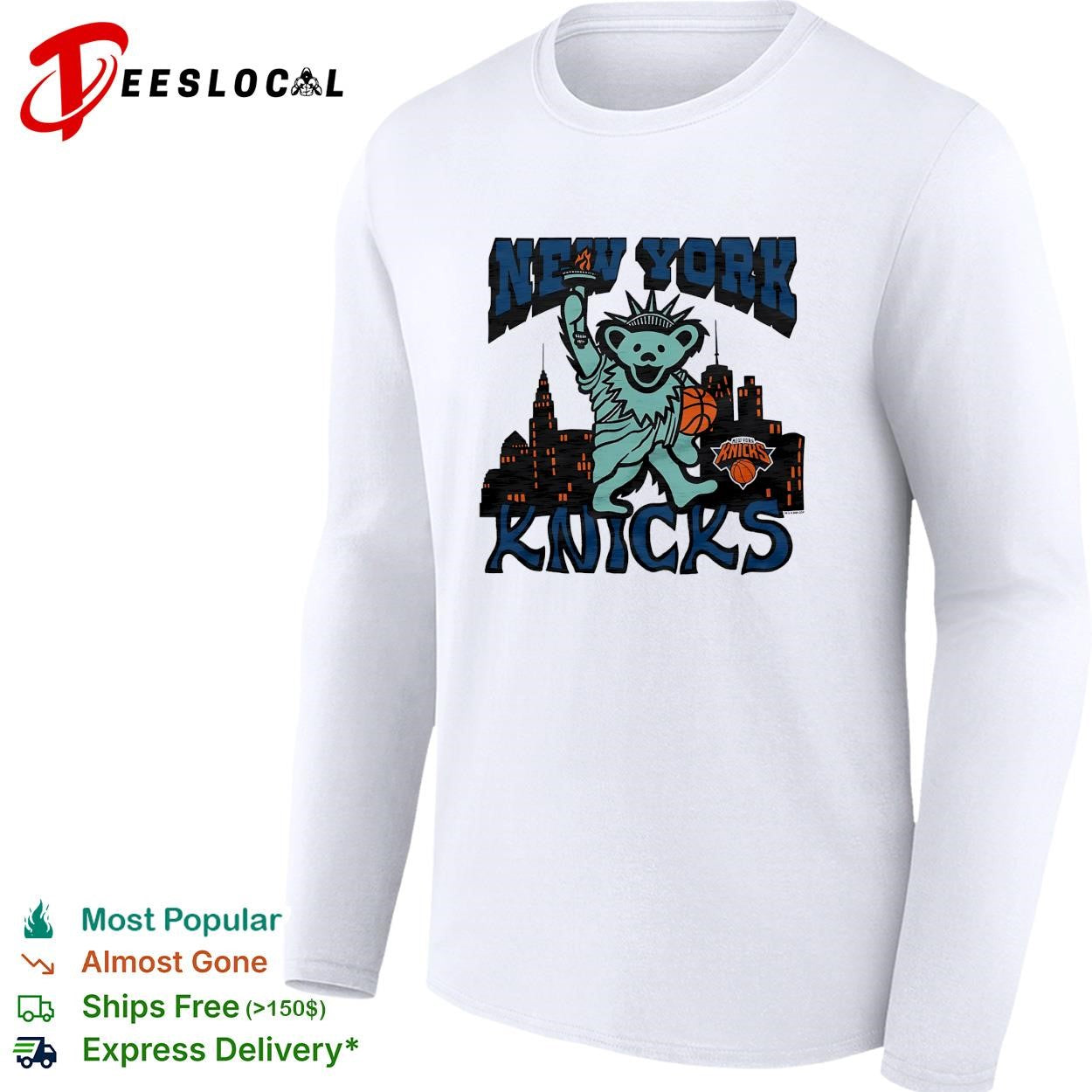 New York Knicks x Grateful Dead dancing bear Statue of Liberty NBA graphic shirt