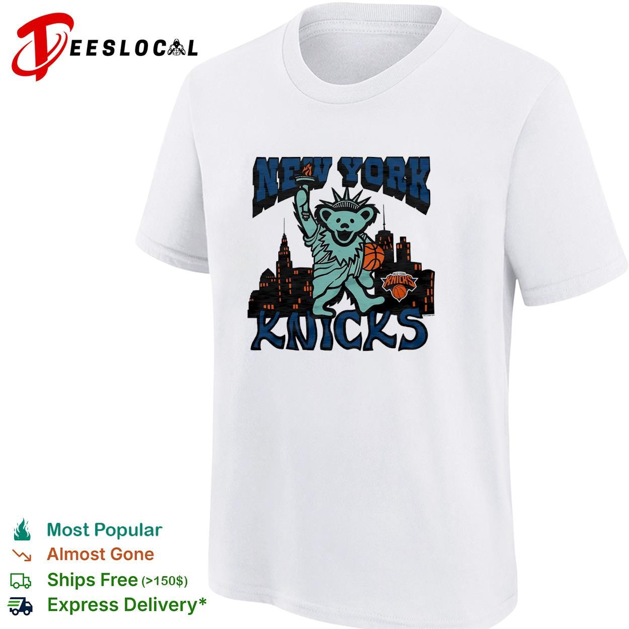 New York Knicks x Grateful Dead dancing bear Statue of Liberty NBA graphic shirt