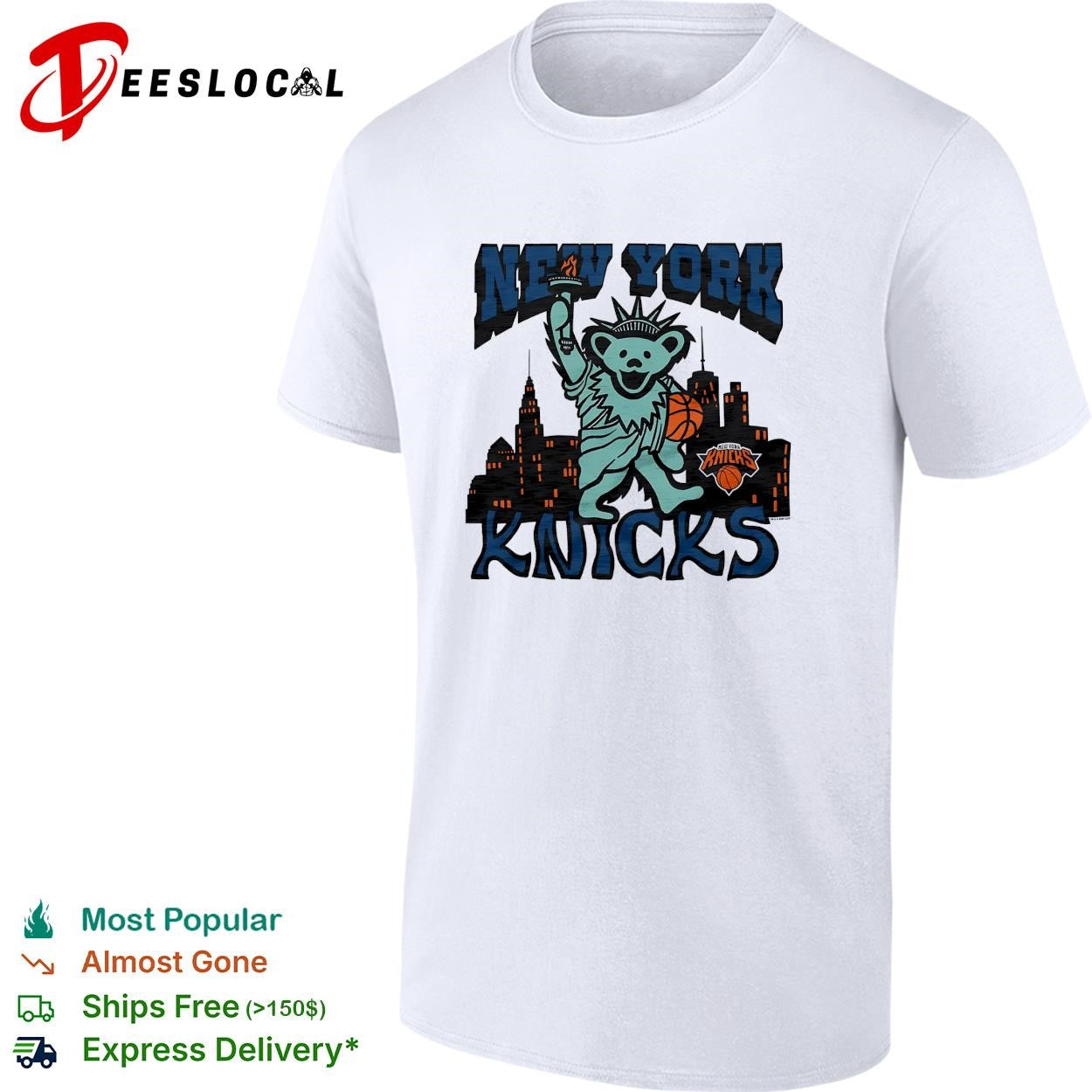 New York Knicks x Grateful Dead dancing bear Statue of Liberty NBA graphic shirt