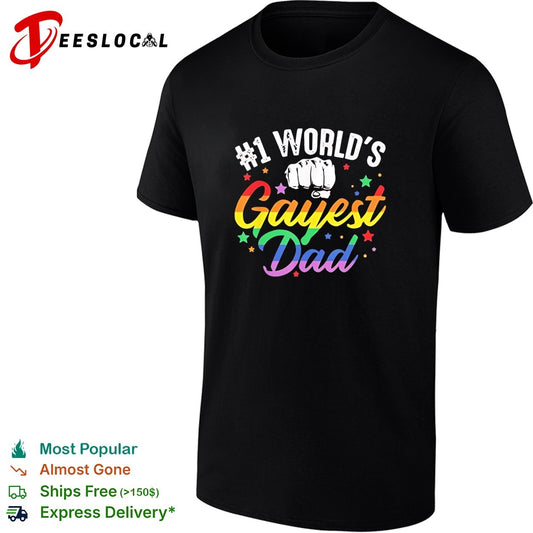 Number 1 world’s gayest dad rainbow pride bold colorful lettering graphic shirt