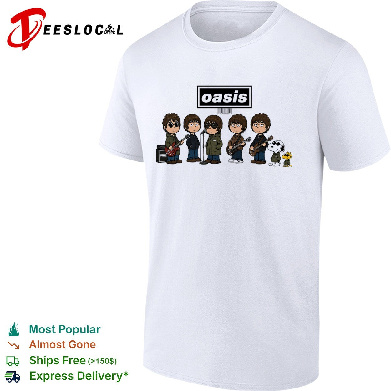 Oasis Peanuts Snoopy Woodstock Gallagher brothers Britpop band music cartoon shirt
