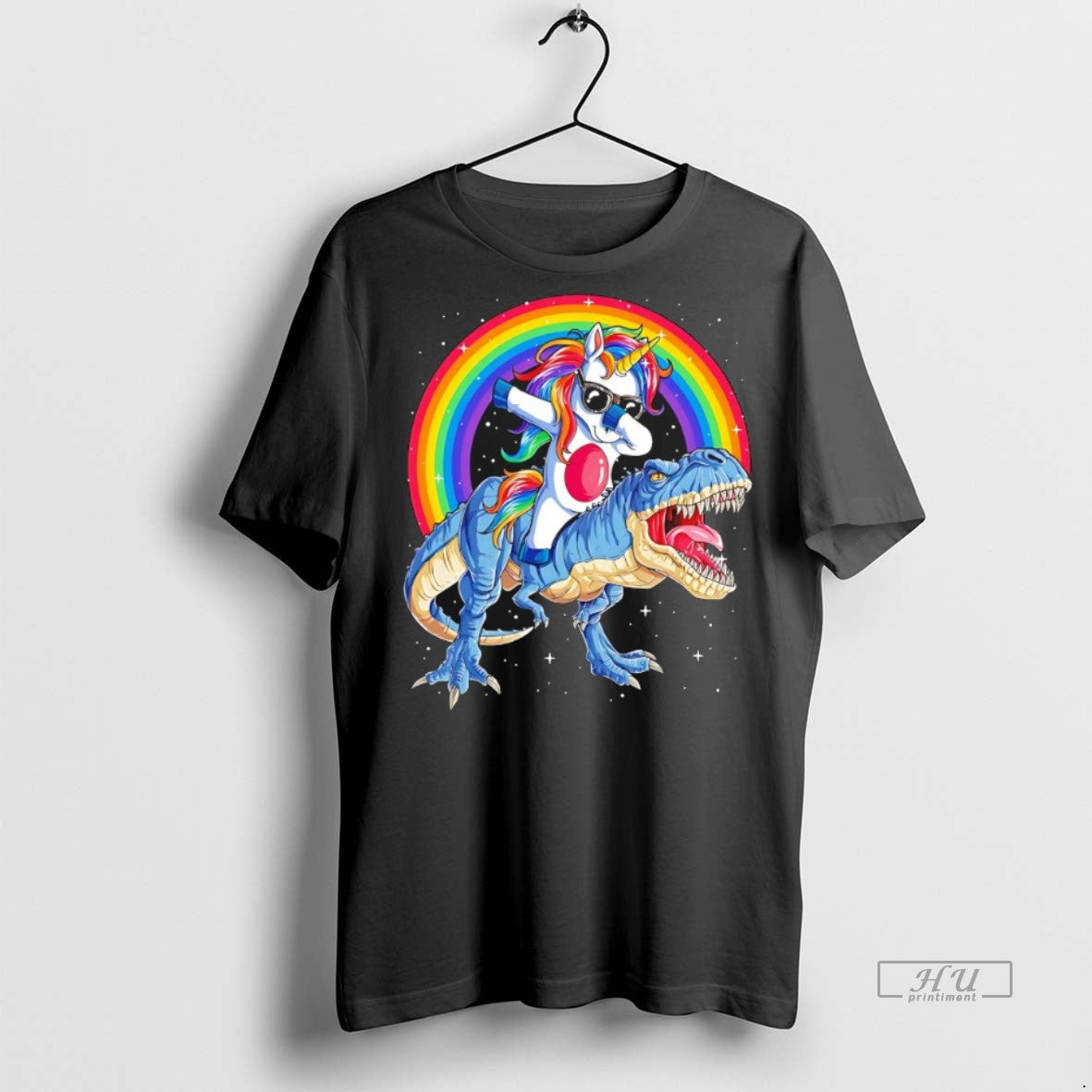 Officials Dabbing Unicorn Riding T Rex Under Rainbow Christmas Graphic Tee Shirt Sweater