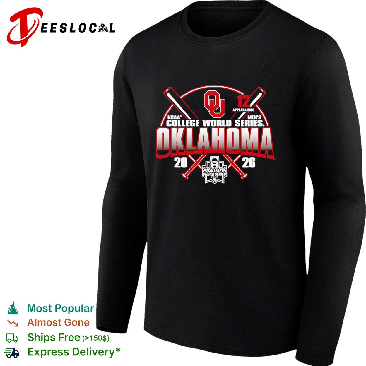 Oklahoma Sooners crossed bats 12 appearances NCAA Mens College World Series 2026 shirt