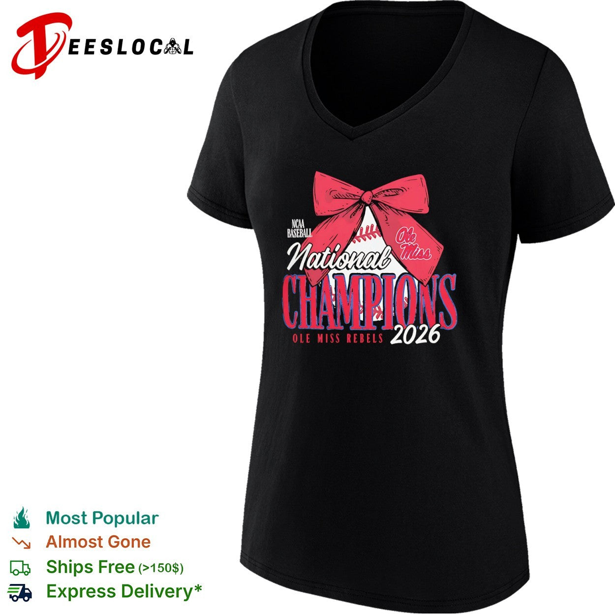 Ole Miss Rebels 2026 NCAA Baseball National Champions bow on baseball shirt