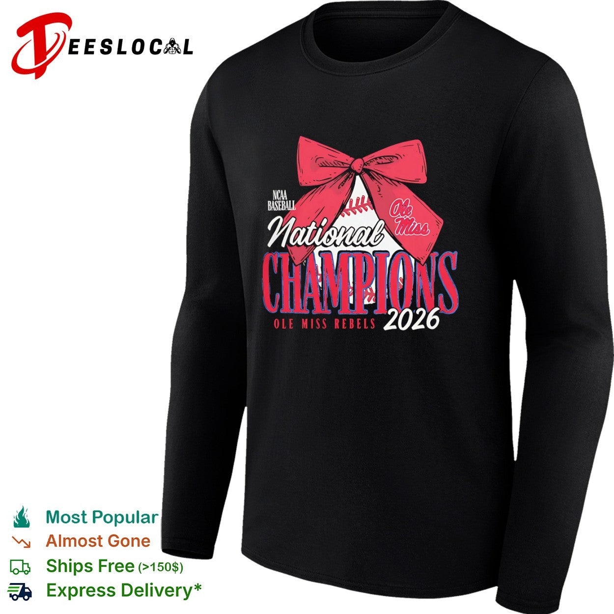 Ole Miss Rebels 2026 NCAA Baseball National Champions bow on baseball shirt