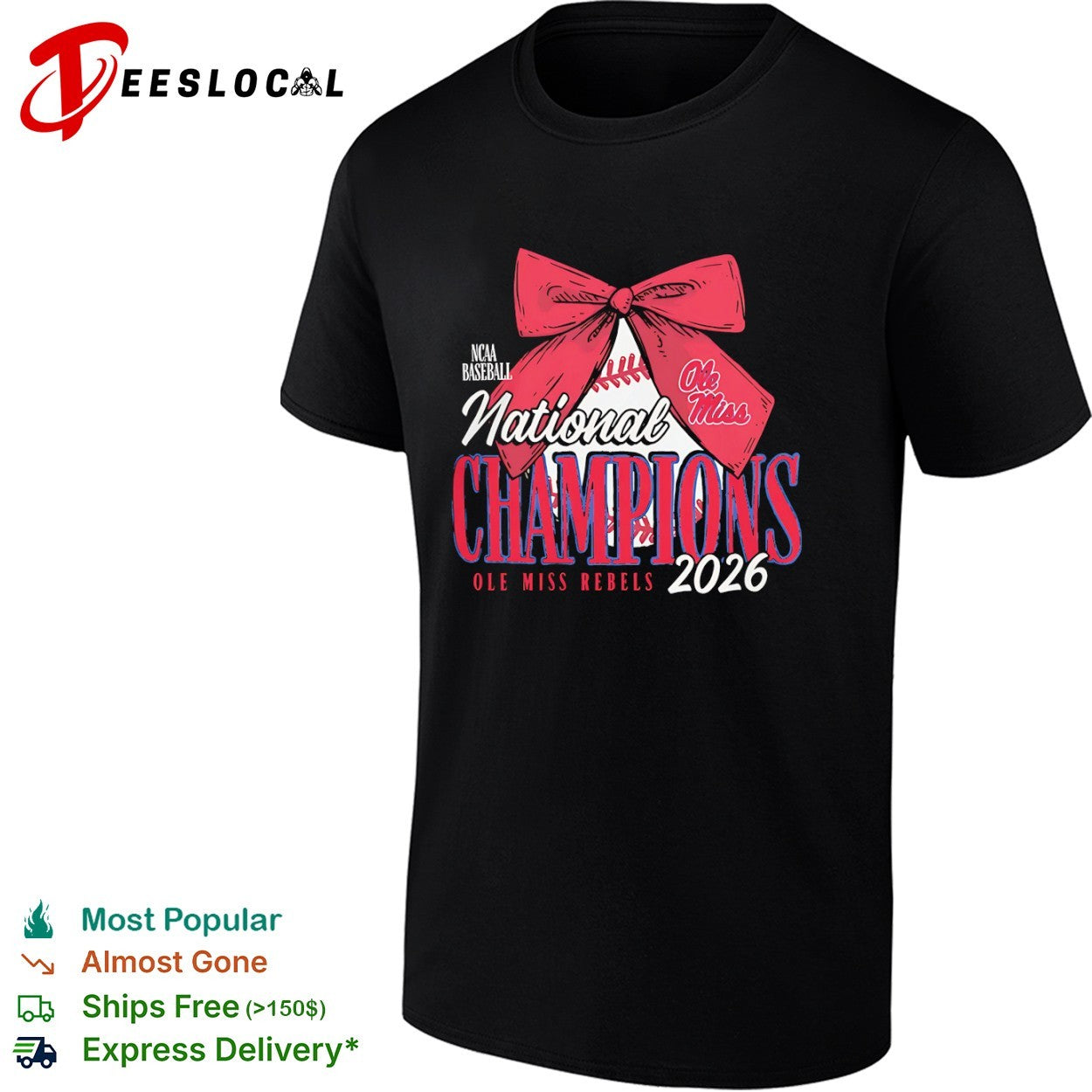 Ole Miss Rebels 2026 NCAA Baseball National Champions bow on baseball shirt