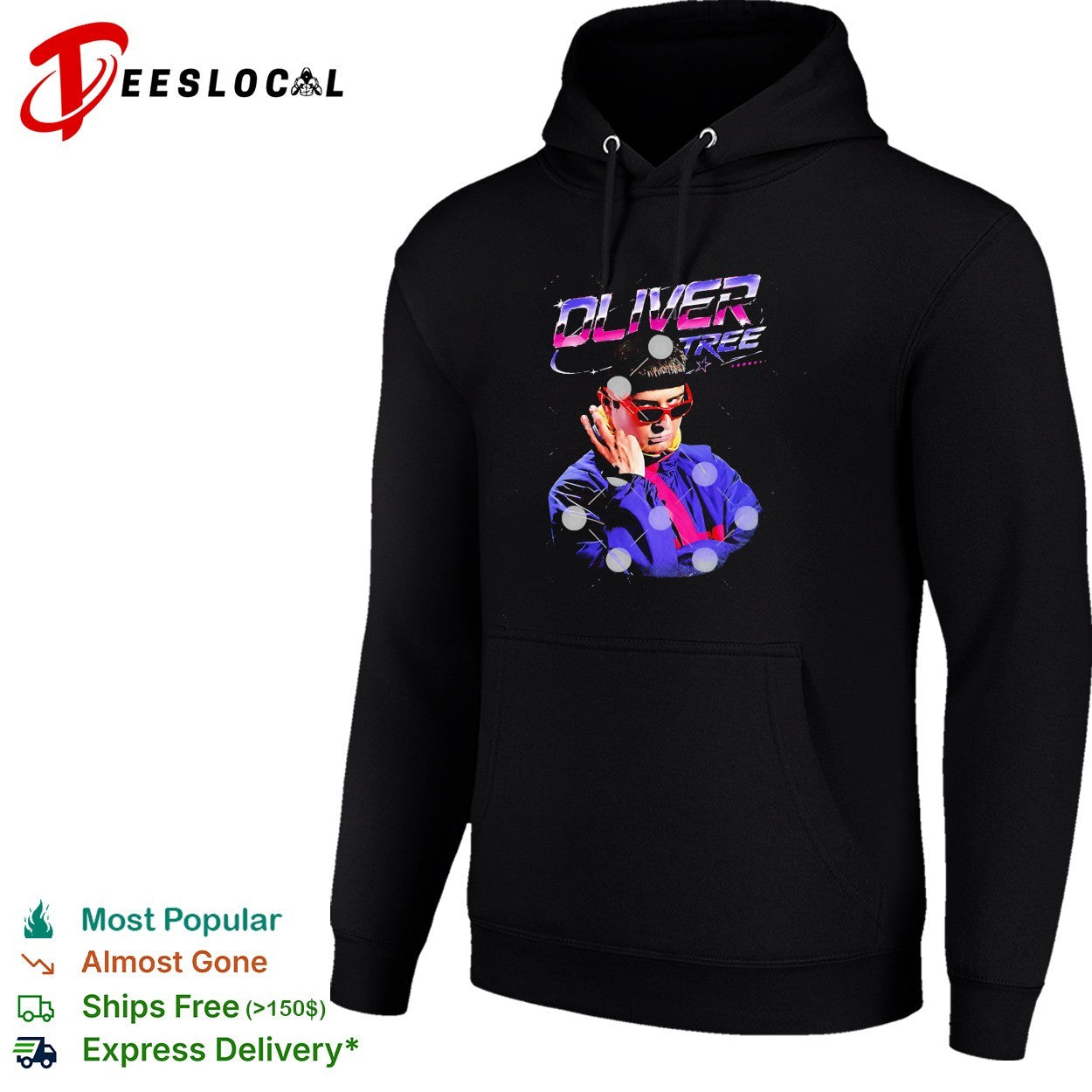 Oliver Tree RIP futuristic neon portrait with sunglasses shirt