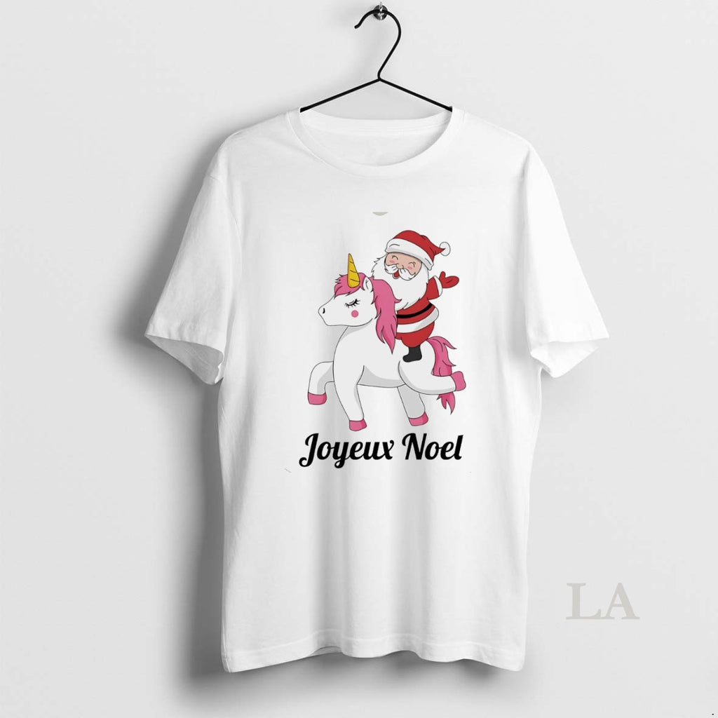 Original Santa Riding Unicorn Joyeux Noel Christmas White