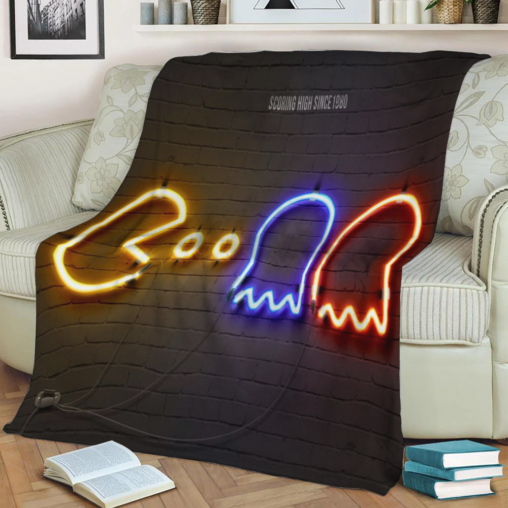 PacMan 1980 neon sign Fleece Throw Blanket