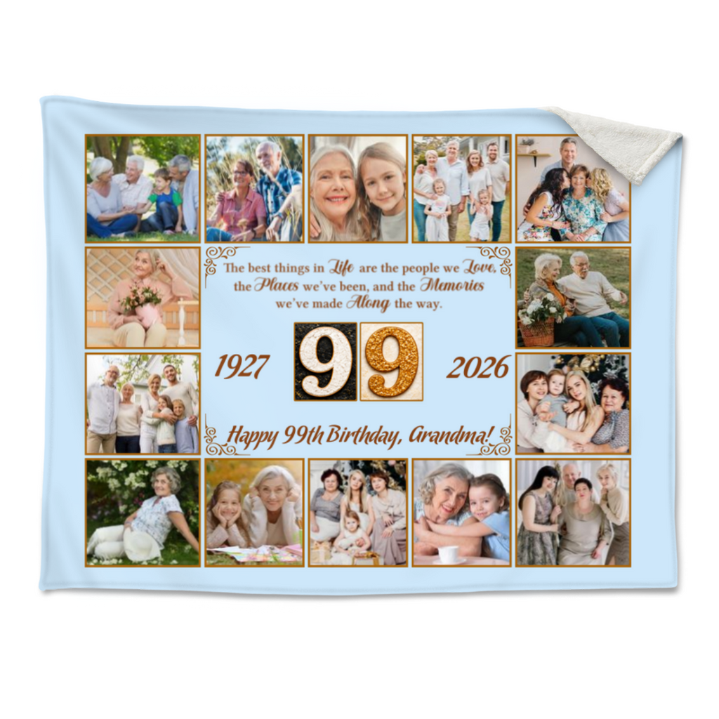 99th Birthday Blanket, Personalized 99th Birthday Photo Gift, Custom Family Photo Blanket, 99 Years Loved Gift, Birthday Memory Blanket for Grandma