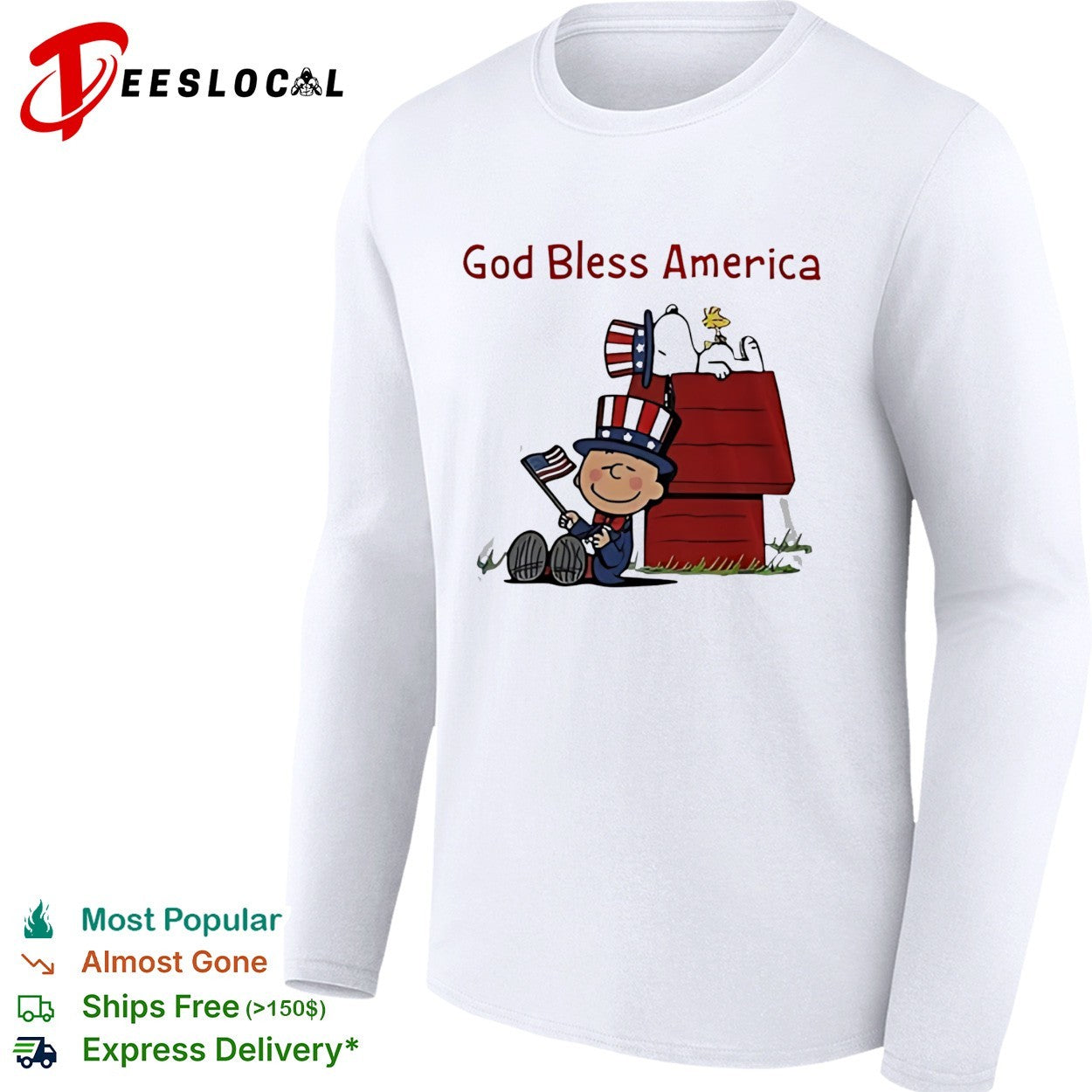 Peanuts Snoopy and Charlie Brown God bless America patriotic doghouse shirt