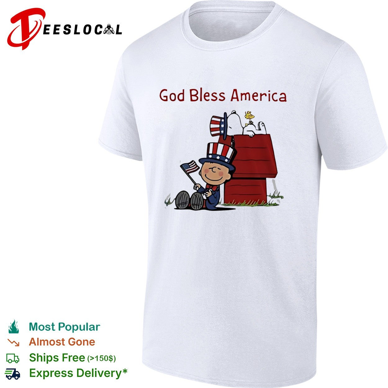 Peanuts Snoopy and Charlie Brown God bless America patriotic doghouse shirt