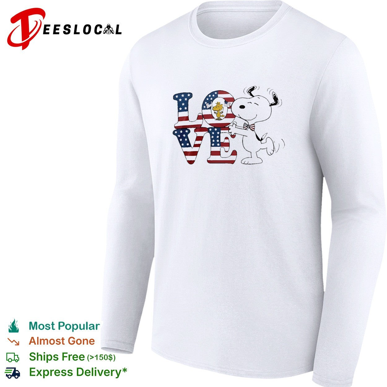 Peanuts Snoopy and Woodstock love American flag patriotic typography shirt