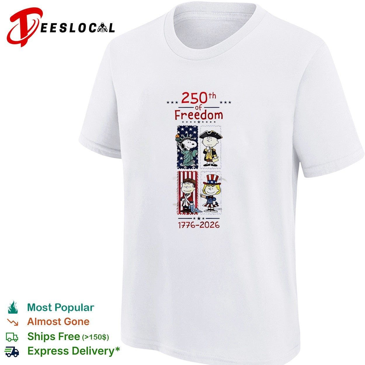 Peanuts characters 250th of freedom 1776 2026 patriotic stamp portraits shirt