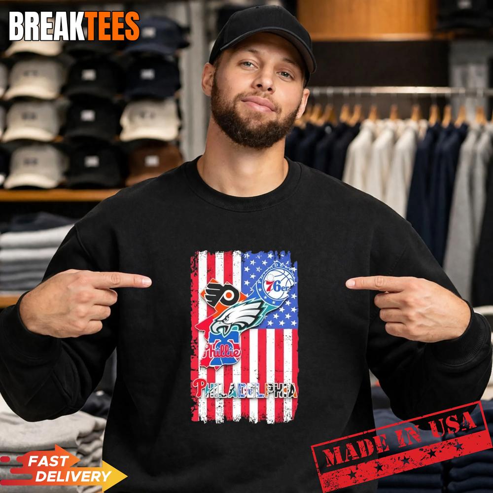 Philadelphia City Sports Flyers Eagles 76ers Phillies US Flag T-Shirt