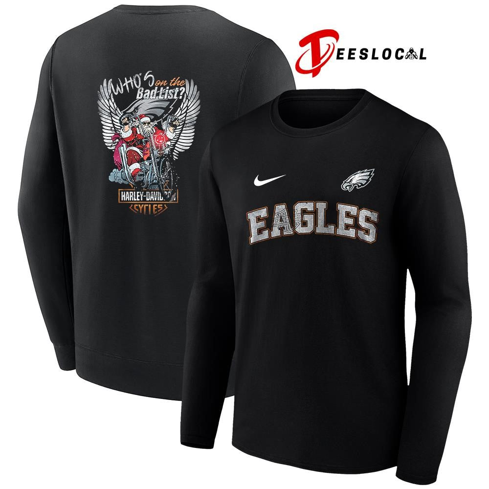 Philadelphia Eagles x Harley Davidson Santa Claus who’s on the bad list graphic shirt