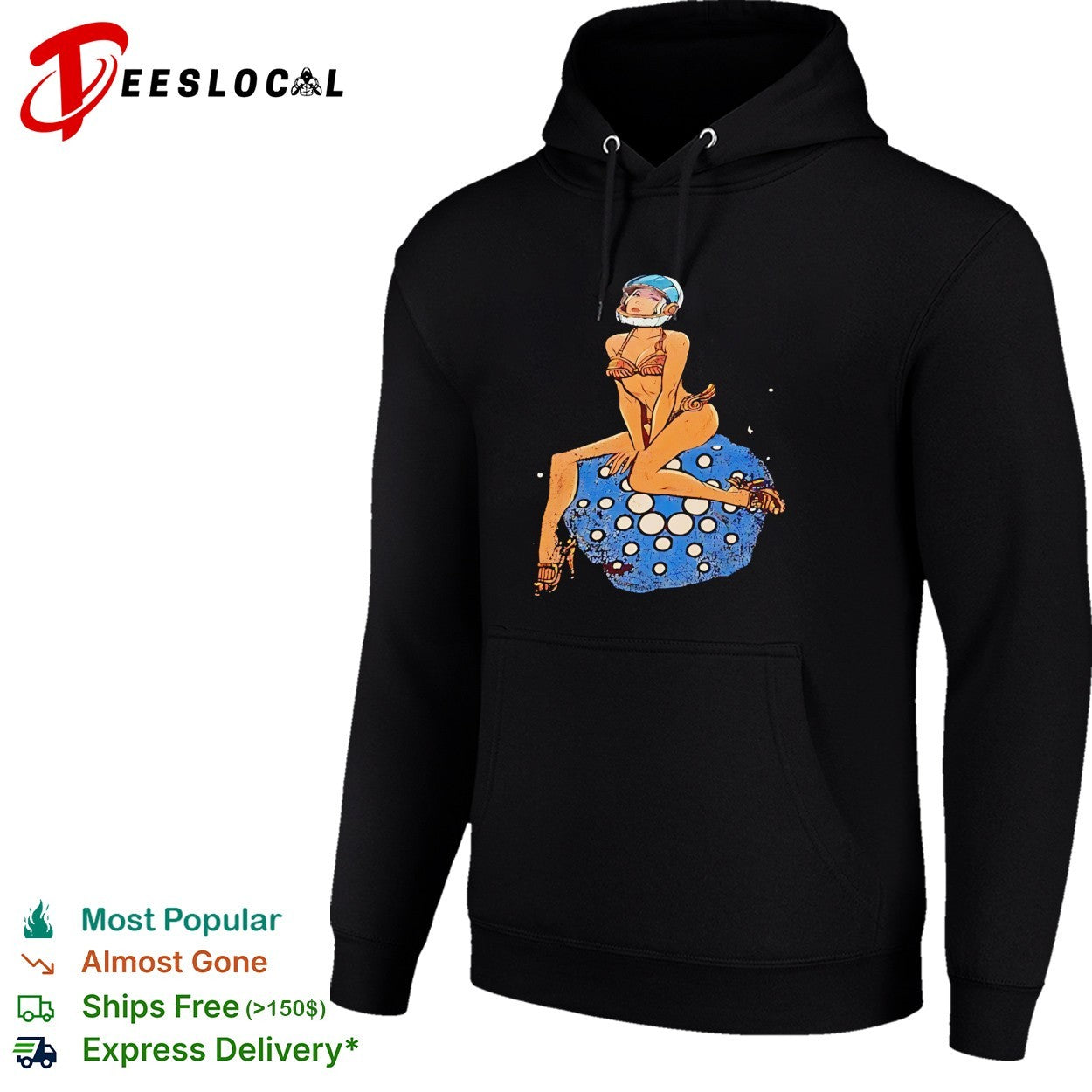 Pinup woman in astronaut helmet sitting on disco ball moon shirt