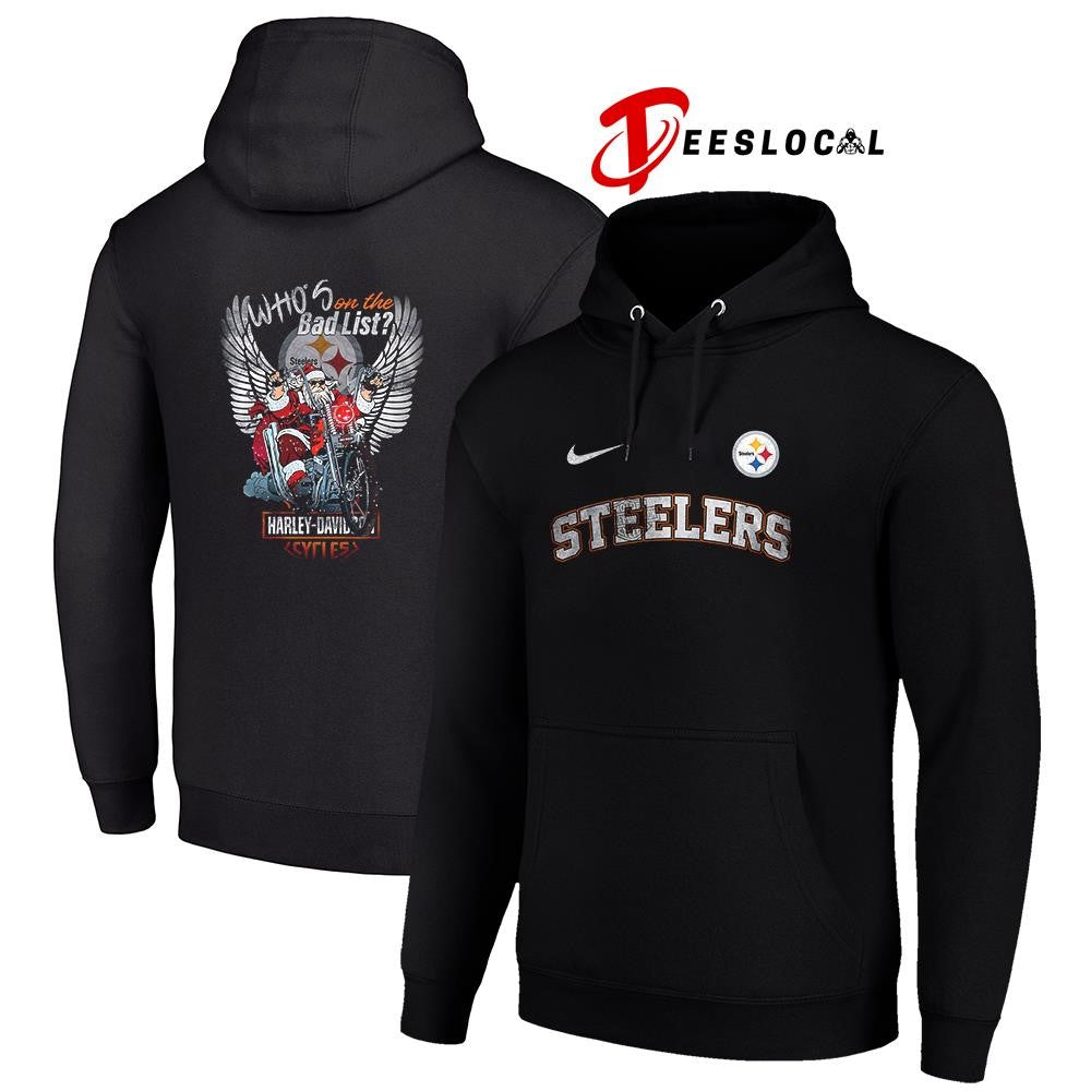 Pittsburgh Steelers x Harley Davidson Santa Claus who’s on the bad list graphic shirt