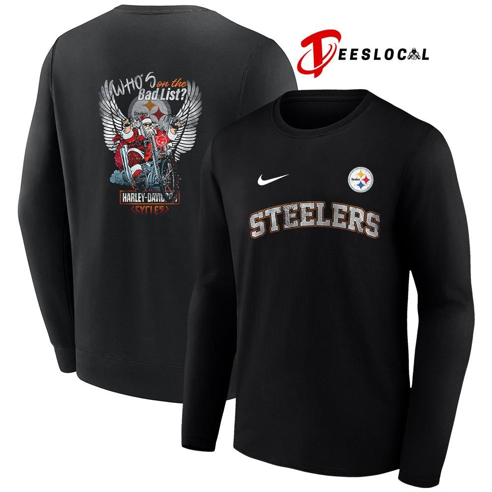 Pittsburgh Steelers x Harley Davidson Santa Claus who’s on the bad list graphic shirt