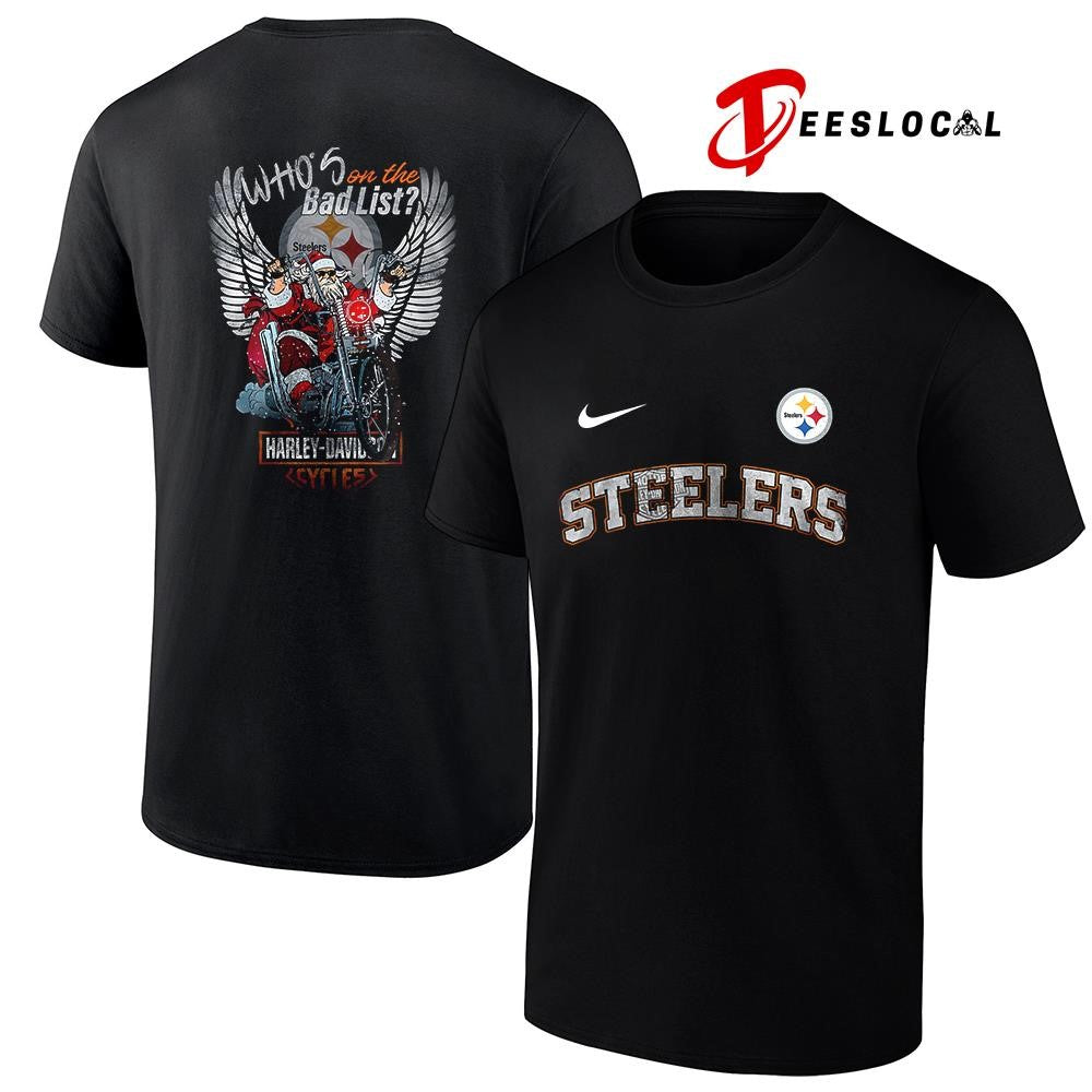Pittsburgh Steelers x Harley Davidson Santa Claus who’s on the bad list graphic shirt