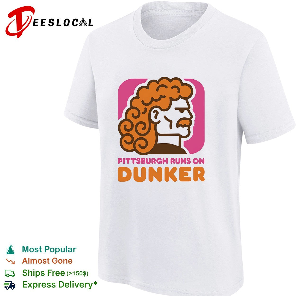 Pittsburgh runs on Dunker curly-haired bearded man profile bold logo parody shirt
