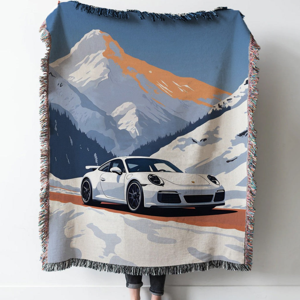 Porsche 911 GT3RS Snow Woven Tapestry Throw Blanket with Fringe