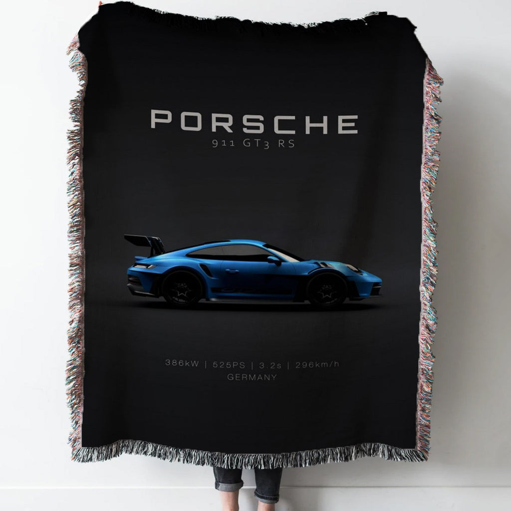 Porsche GT3 RS 2022 Blue Woven Tapestry Throw Blanket with Fringe