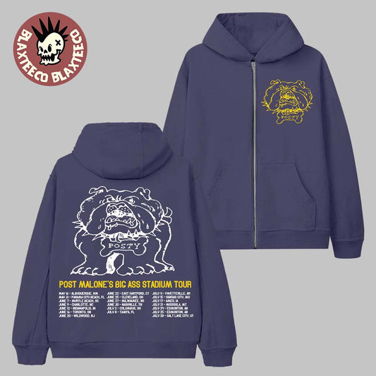 Post Malone Big Ass Stadium Tour 2026 Merch Posty Bulldog Zip Hoodie
