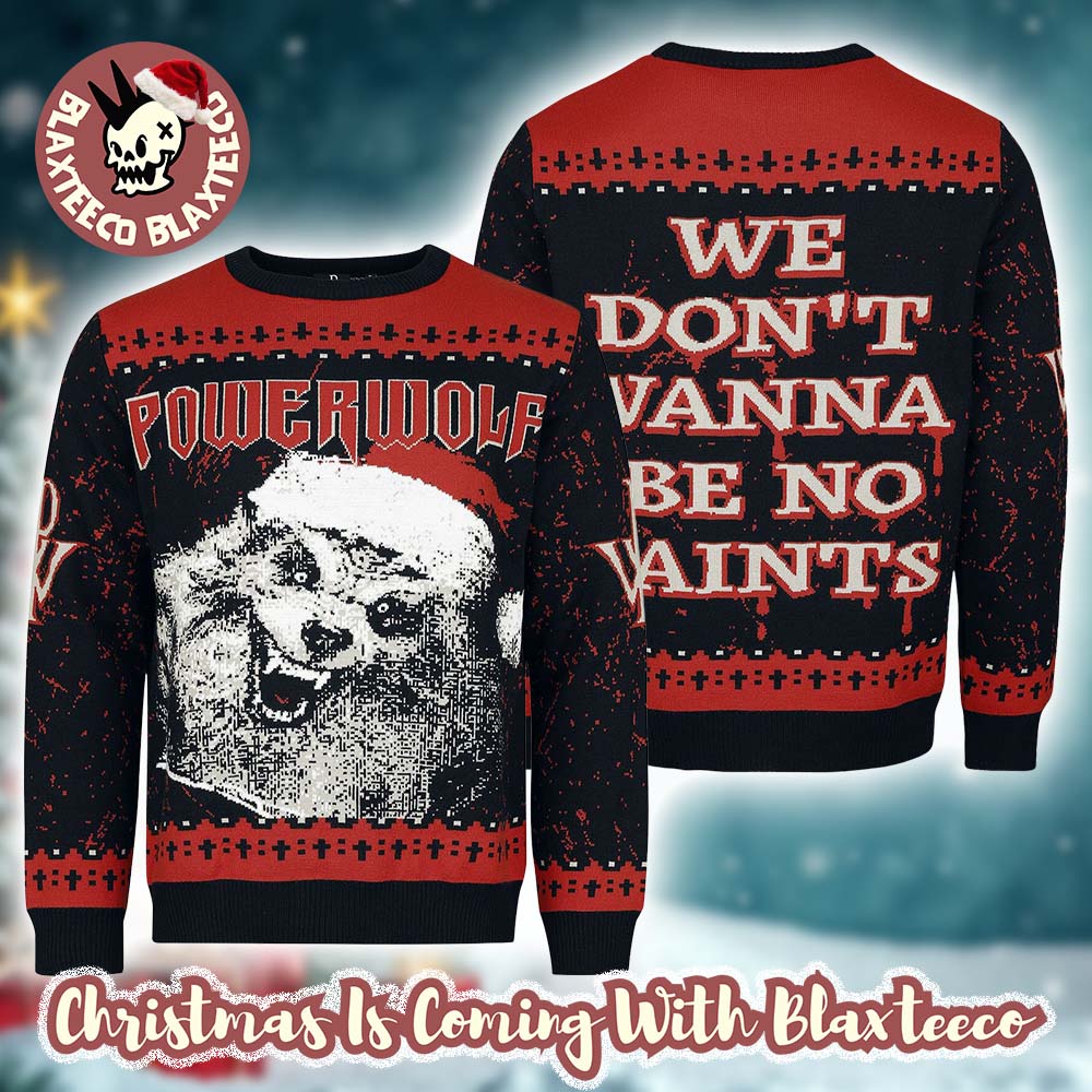Powerwolf We Don’t Wamma Be No Saints Werewolf Santa Face Funny Knitted Ugly Christmas Sweater Holiday Jumper