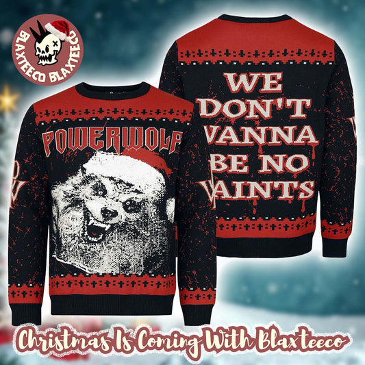 Powerwolf We Don’t Wamma Be No Saints Werewolf Santa Face Funny Knitted Ugly Christmas Sweater Holiday Jumper