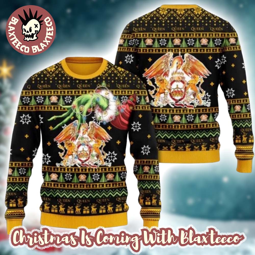 Queen Big Logo Grinch Hand Stole The Logo Festive Holiday Ugly Christmas Sweater