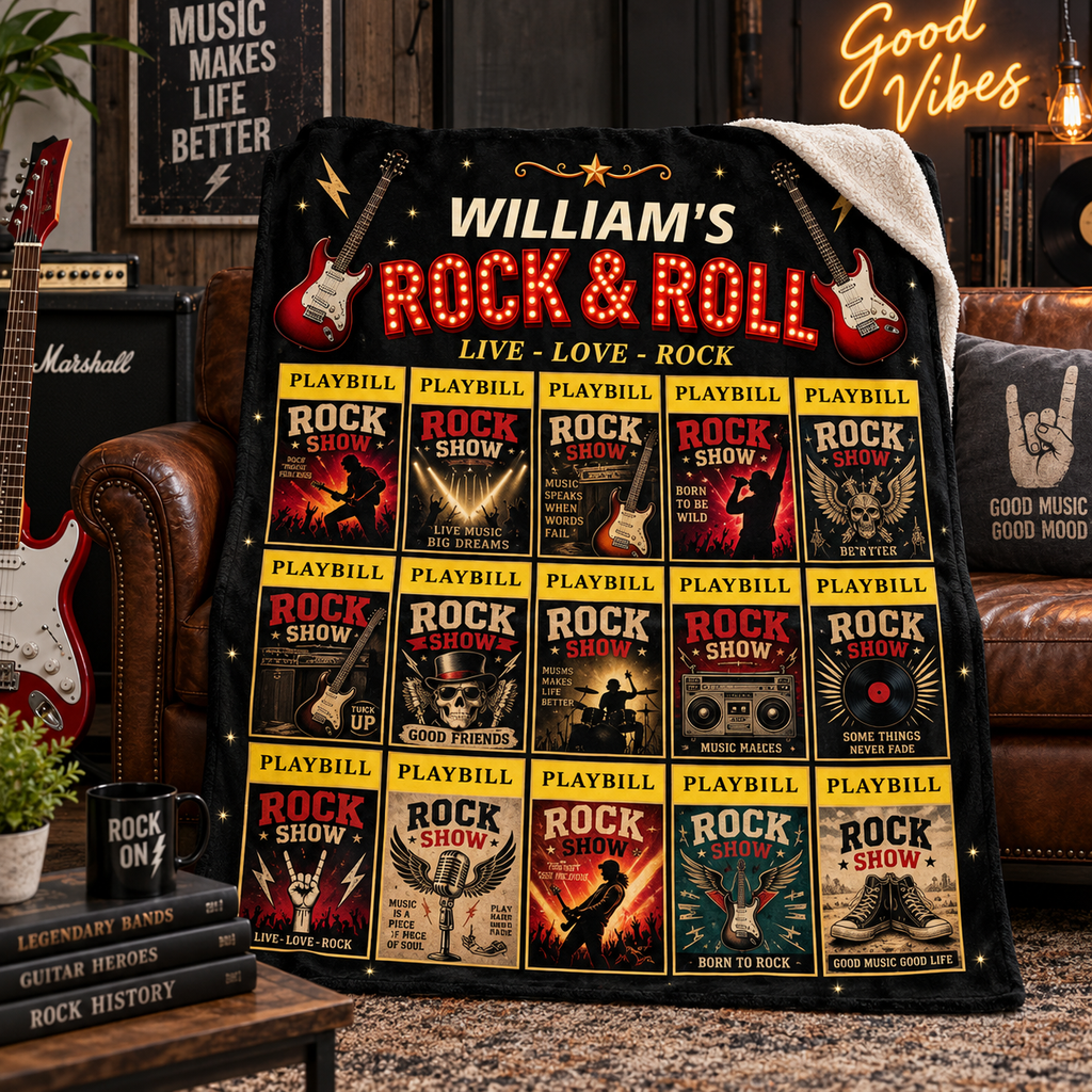 Personalized Rock And Roll Playbill Blanket, Custom Concert Blanket, Rock Music Gift, Music Lover Gift, Guitarist Gift