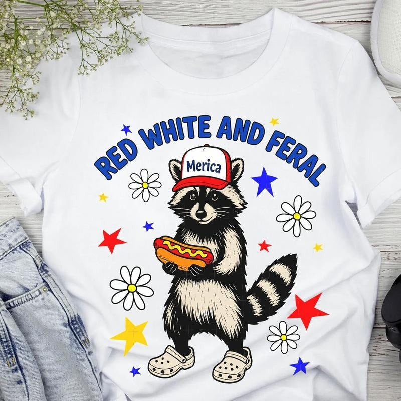 Red White Feral 4th July Funny Raccoon Hot Dog Shirt Feral USA Independence Day T-Shirts