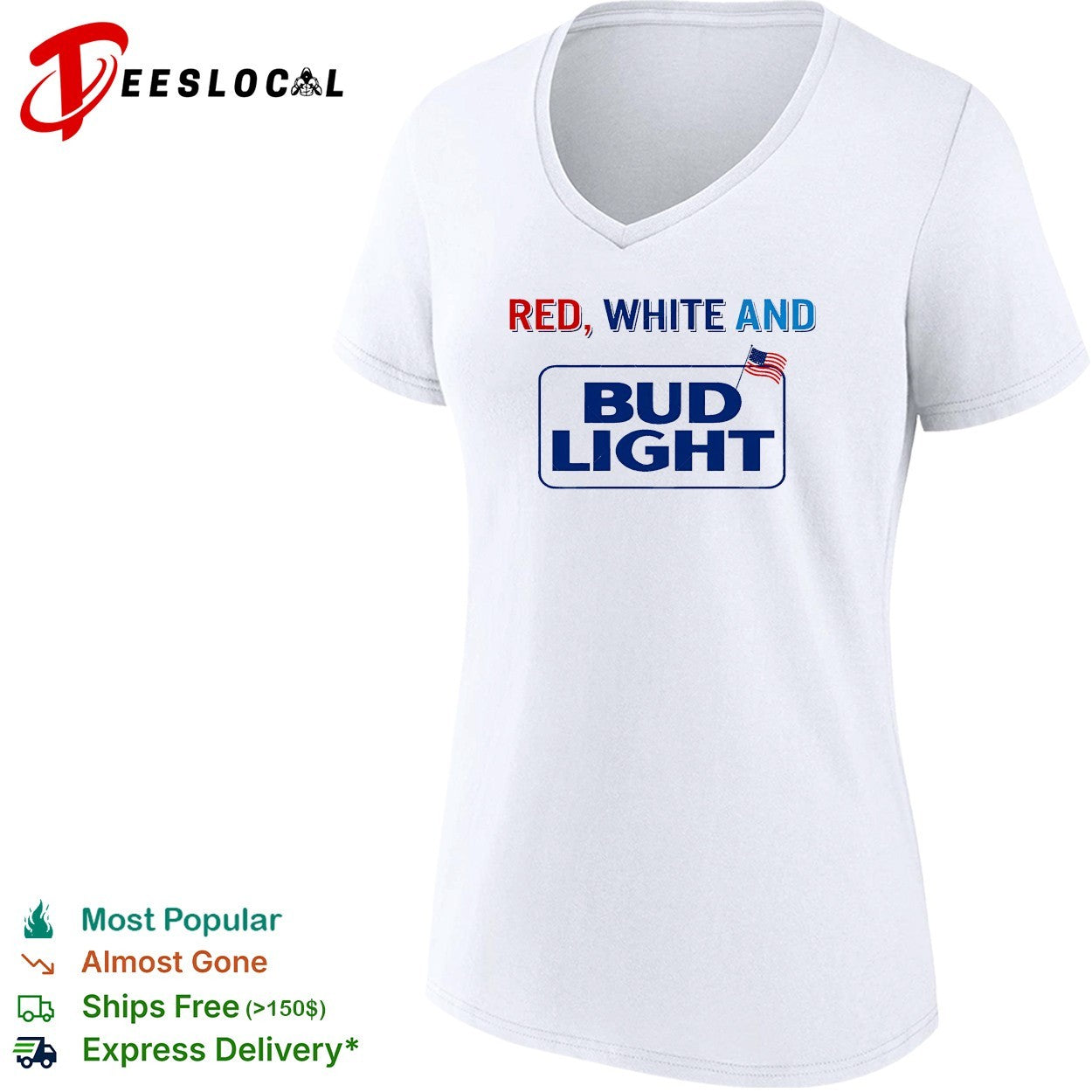 Red white and Bud Light beer logo with American flag bold lettering graphic shirt