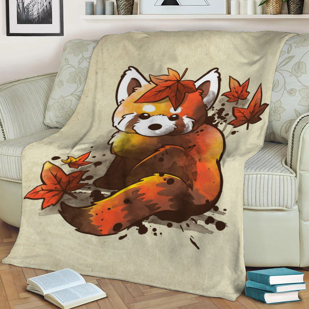 Red panda red leaves Fleece Throw Blanket