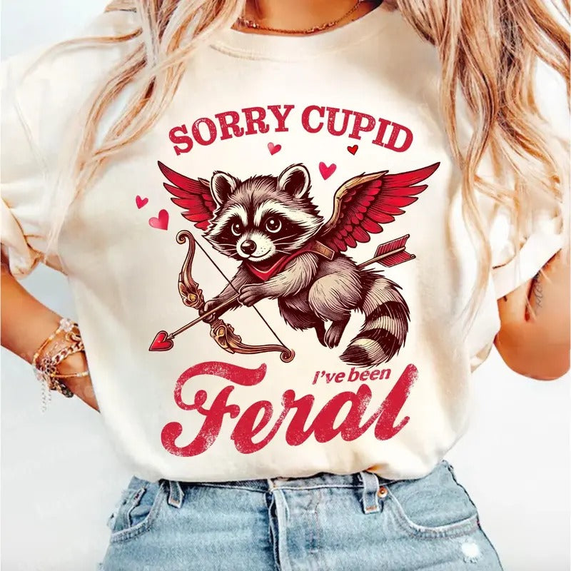 Retro Valentine Sorry Cupid I'Ve Been Feral Shirt Valentine Racoon Retro Funny Valentine T-Shirts