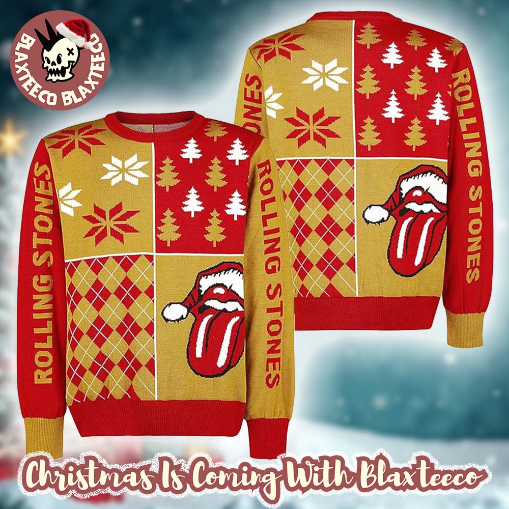 Rolling Stones Holiday Logo With Santa Hat Rhombus Pattern Sknowflakes Retro Style Red And Mustard Ugly Christmas Sweater
