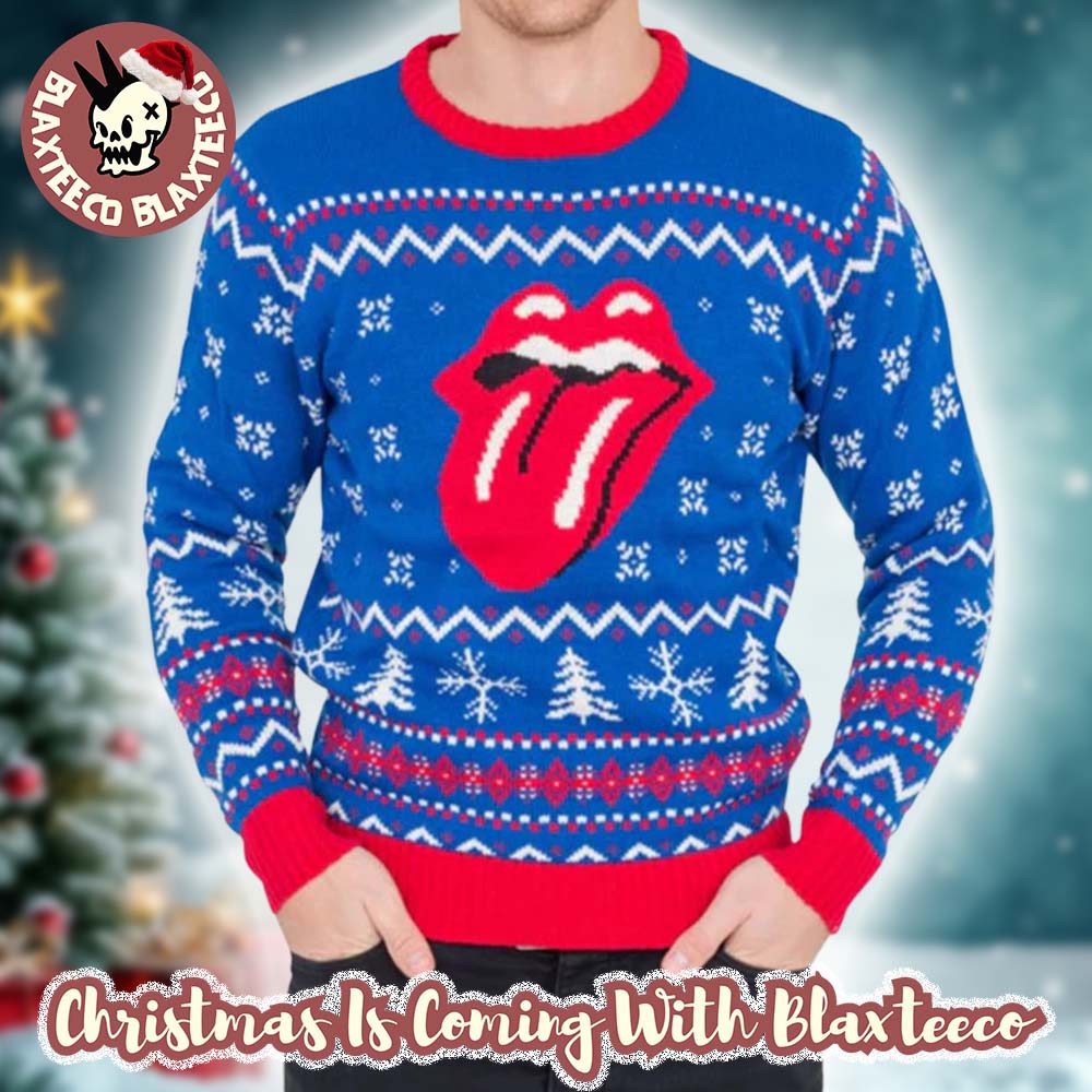 Rolling Stones Tongue Logo Retro Style 2025 Knitted Blue Ugly Christmas Sweater