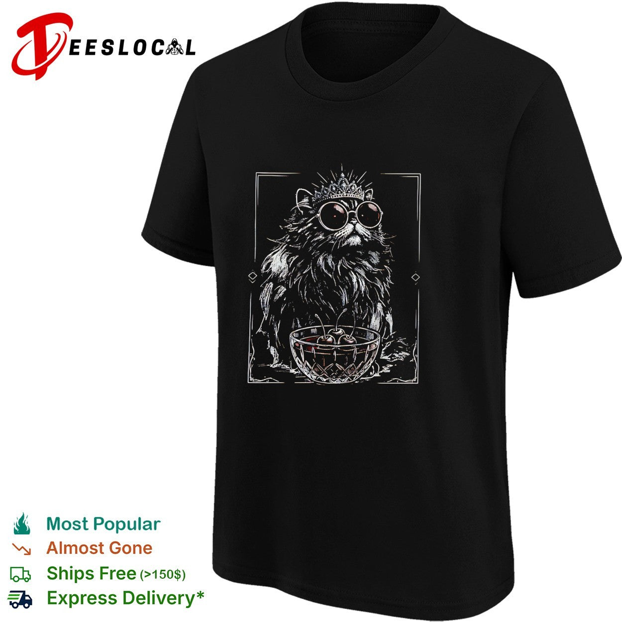 Royal Crown Cat with Cherries in a Bowl Illustration Dark Aesthetic Print shirt