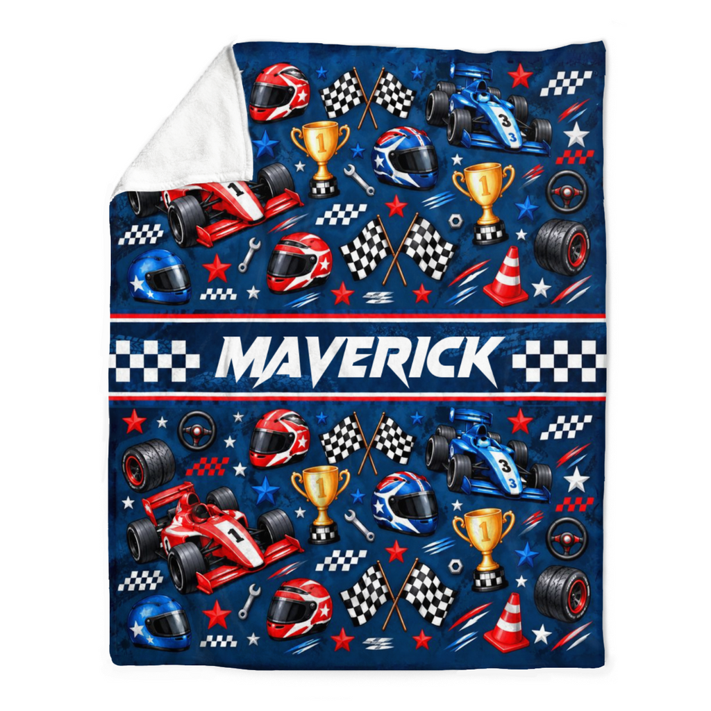 Personalized Race Car Blanket for Boys, Custom Name Racing Blanket, Race Car Gift for Kids, Little Racer Gift, Birthday Gift for Boy