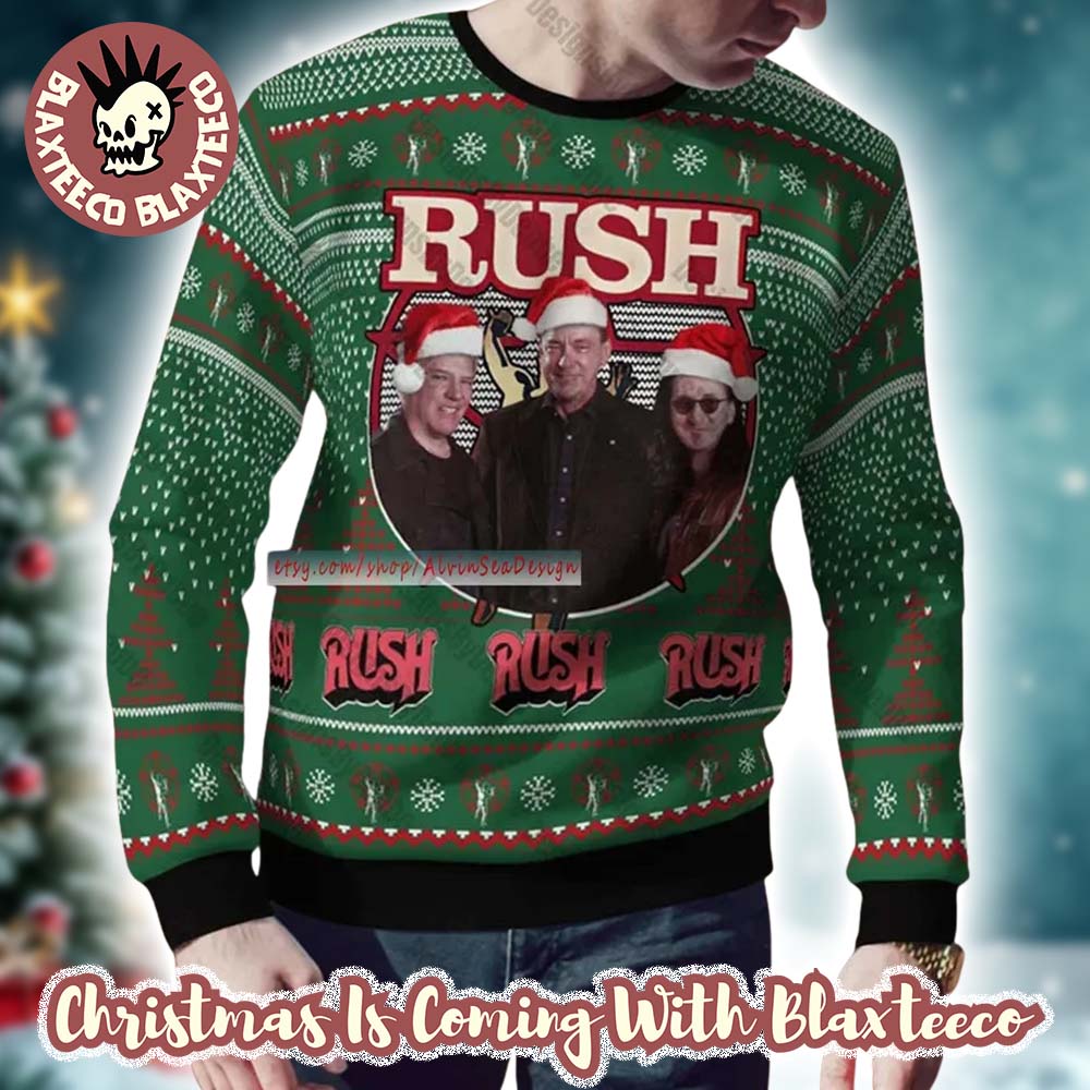 Rush Band Funny Band Members With Santa Hat Happy Holiday Knitted Green Ugly Christmas Sweater