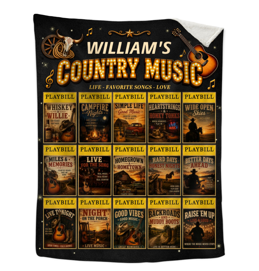Personalized Country Music Photo Blanket, Custom Name Country Music Throw, Rustic Western Music Blanket, Country Music Lover Gift, Personalized Music Gift