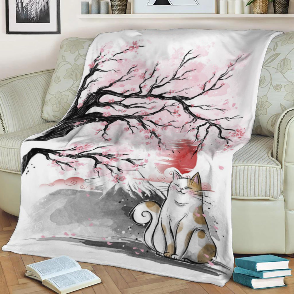Sakura cat Fleece Throw Blanket