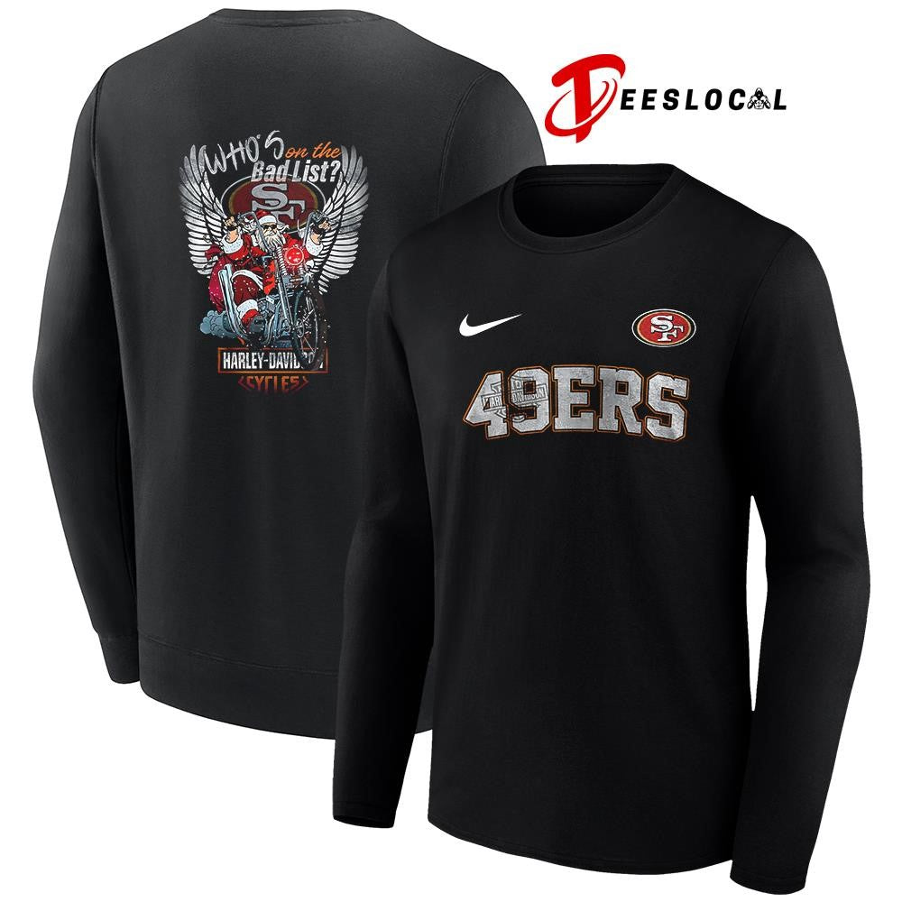 San Francisco 49ers x Harley Davidson Santa Claus who’s on the bad list graphic shirt