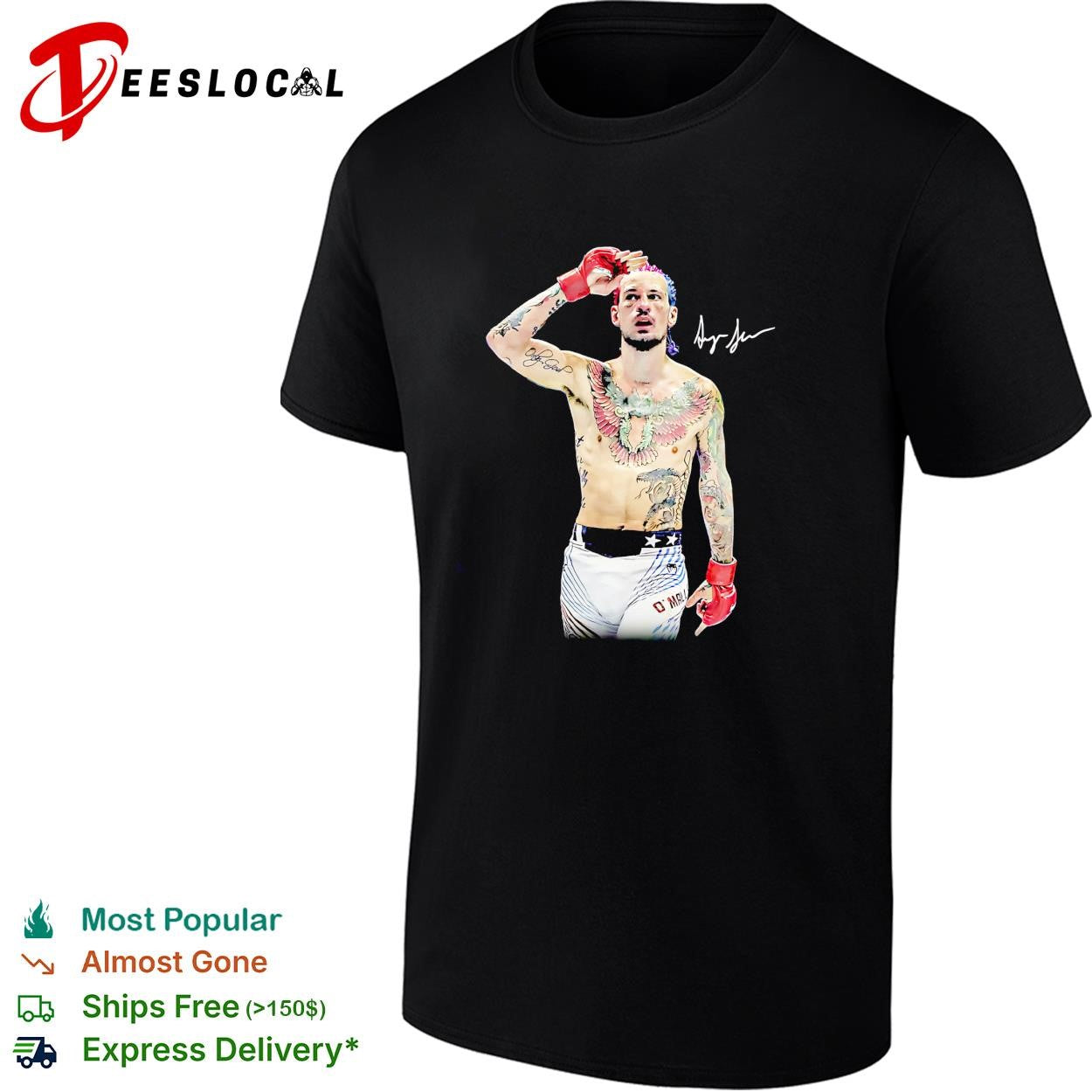 Sean O’Malley tattooed fighter prayer pose red gloves signature poster shirt