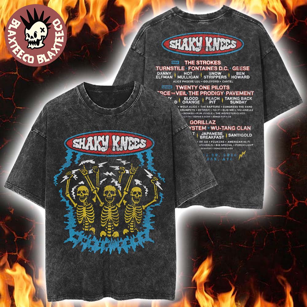 Shaky Knees Music Festival 2026 At Piedmont Park Atlanta GA On September 13-20 2026 Electric Skeleton Lineup Wash Tee